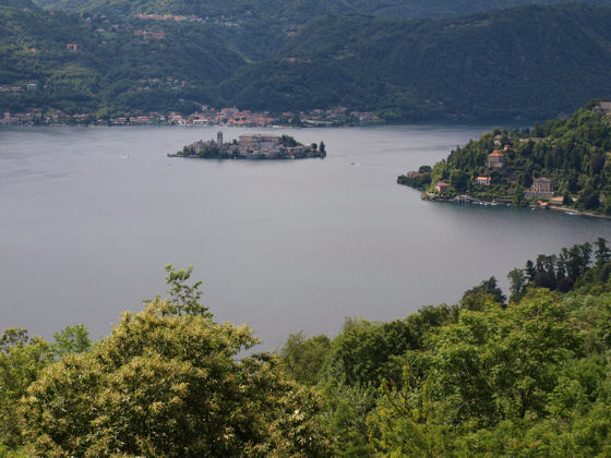 The view of Lake Orta and the island of San Giulio, taken from the living room of the Casa Miralago