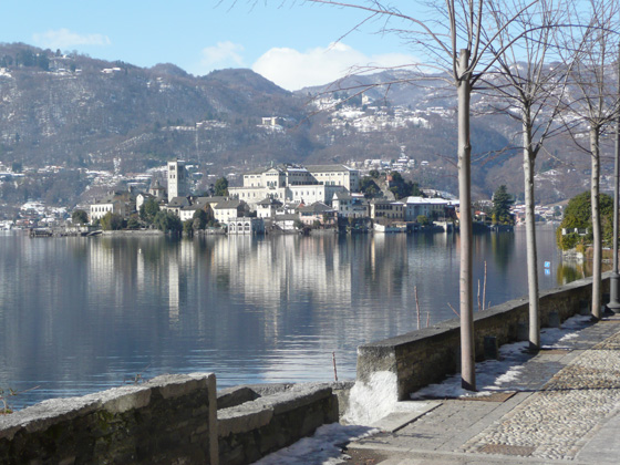 Island of San Giulio from cobbled path around the Orta peninsular (taken 15/2/2012)